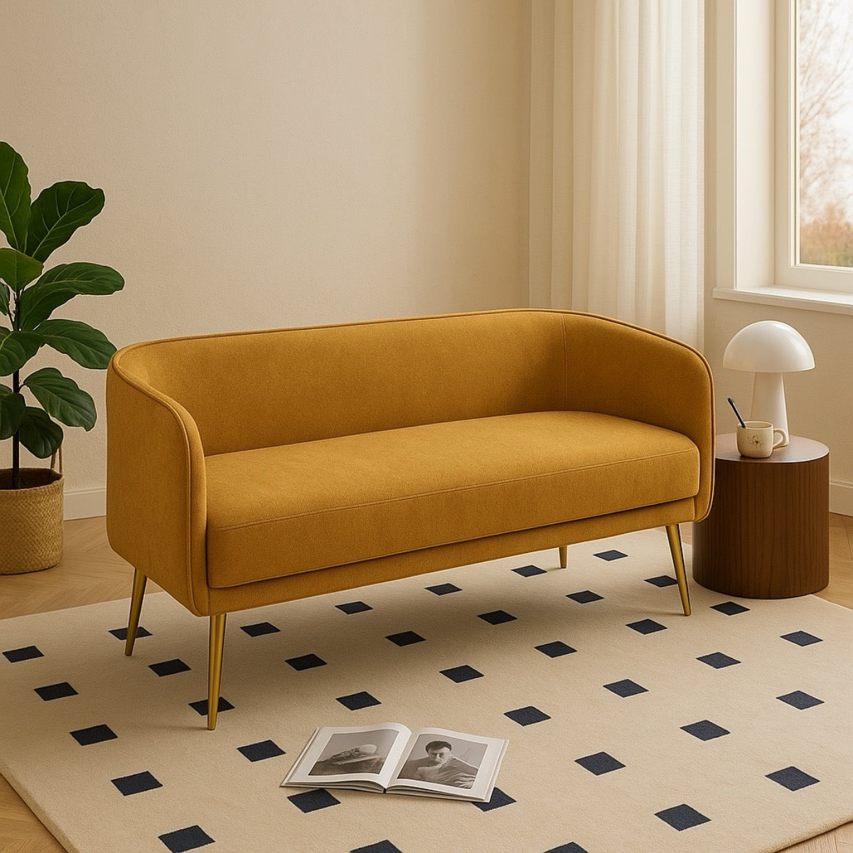 Yellow sofa in a room with a plant, side table, and open book on a patterned rug.