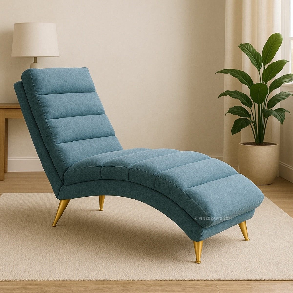 Blue chaise lounge chair with gold legs in a room with a plant and lamp.