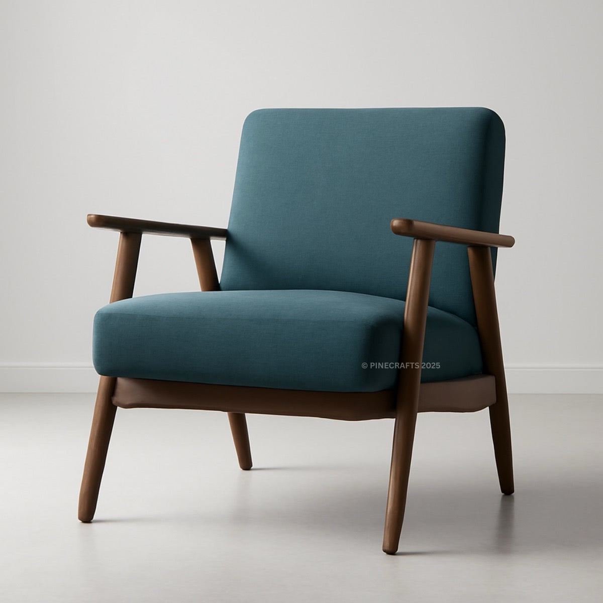 Teal armchair with wooden frame on a light gray background