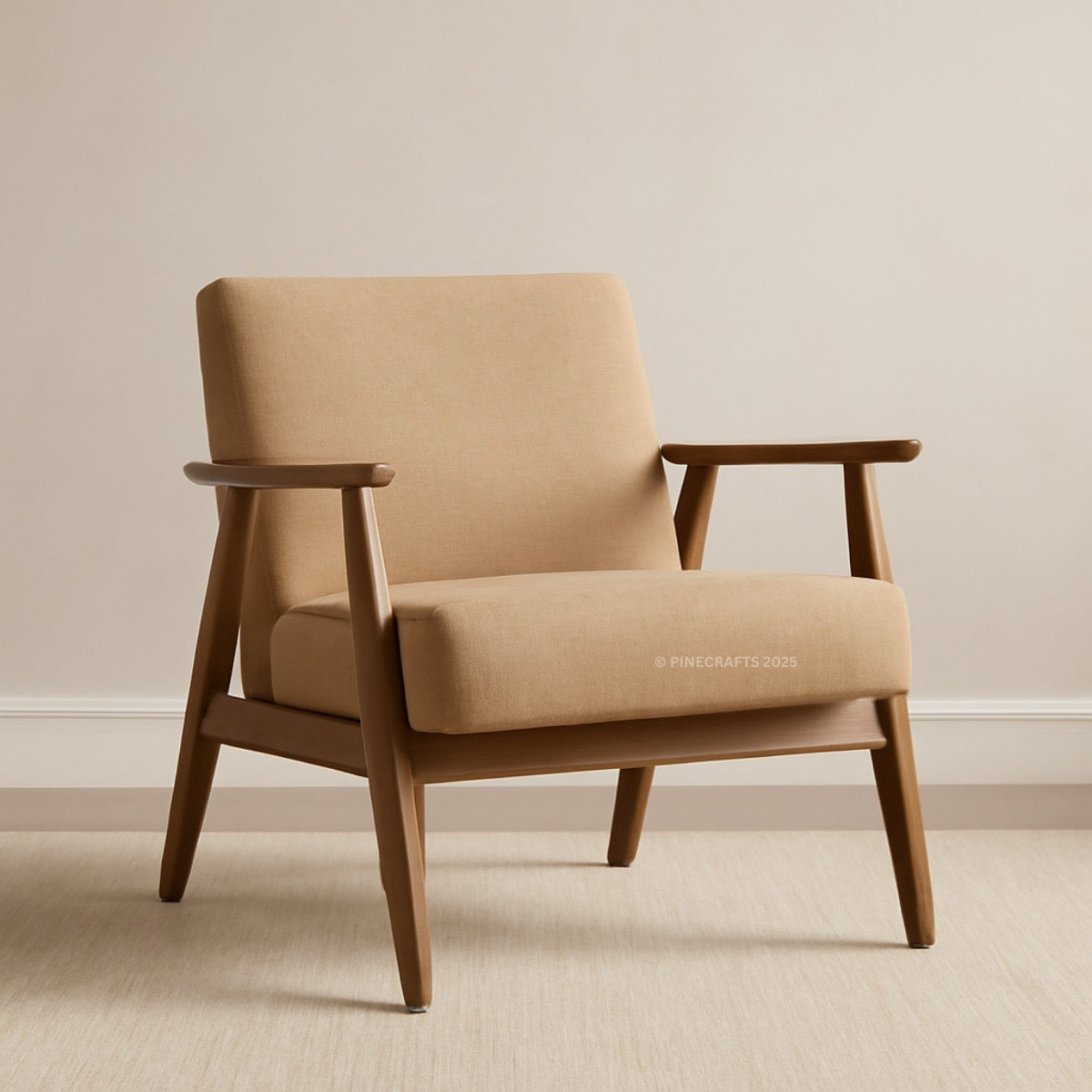 Beige armchair with wooden frame on a neutral background
