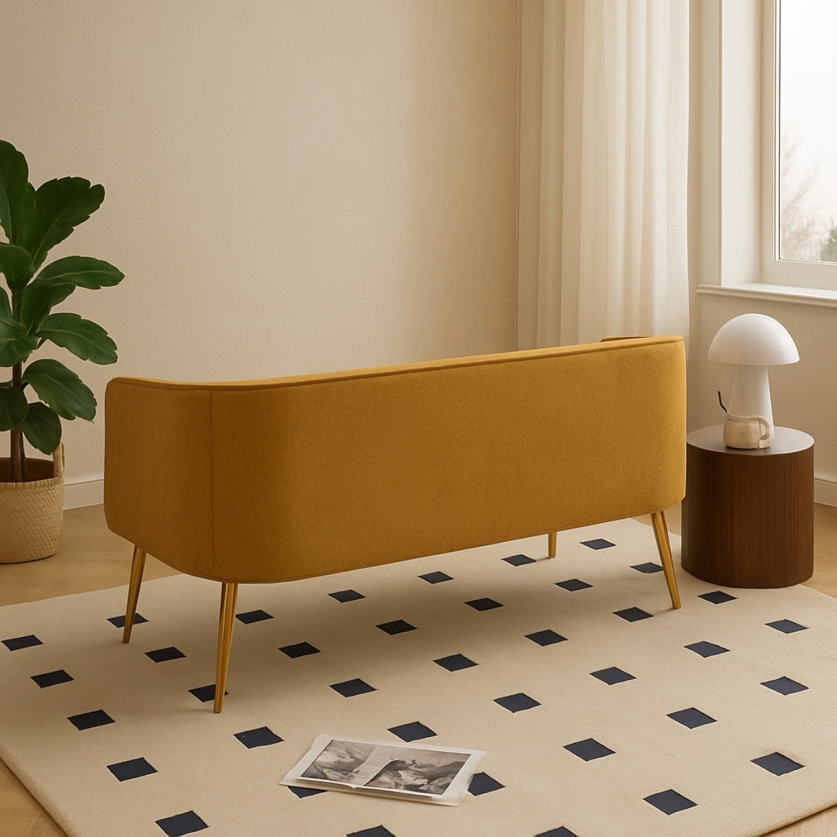 Yellow bench in a room with a plant, side table, and rug.