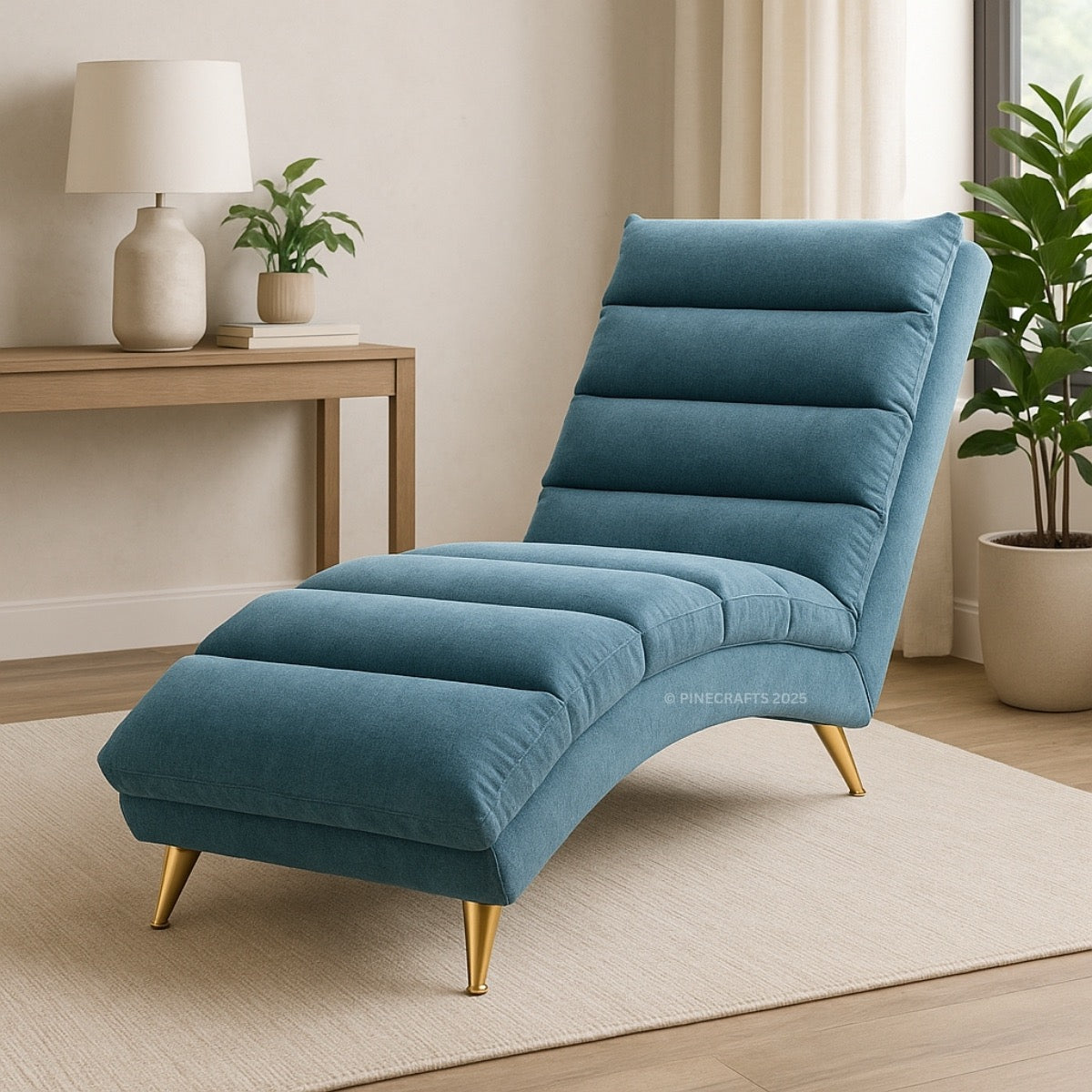 Blue chaise lounge chair in a living room setting with a lamp and plants.