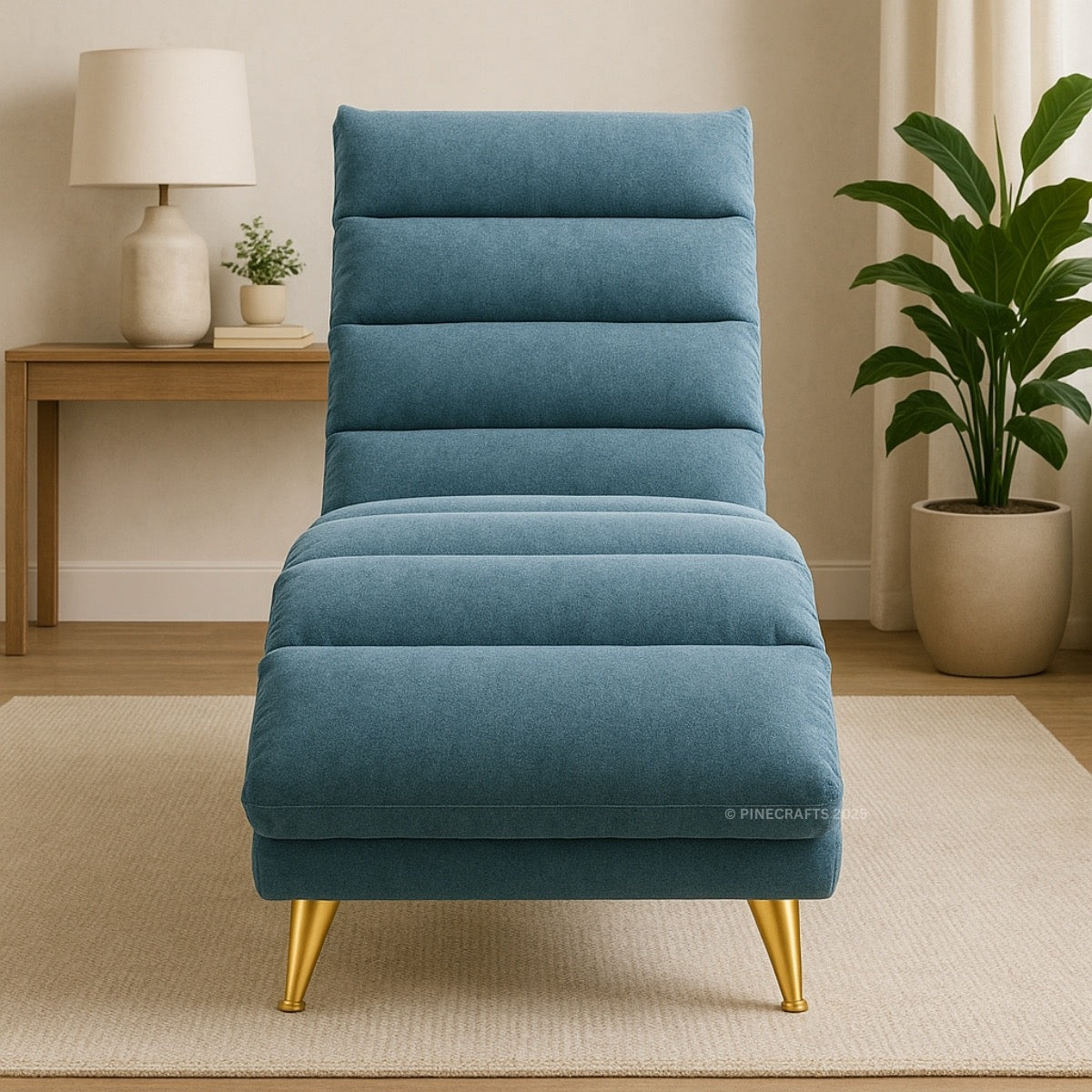 Blue upholstered chair with gold legs in a room setting with a lamp and plant.
