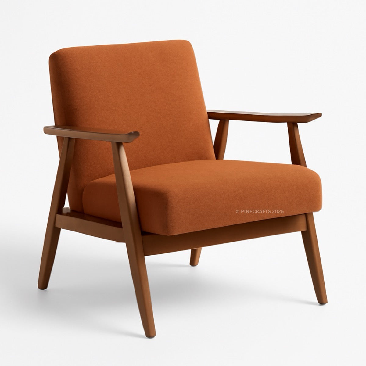 Orange armchair with wooden frame on a white background