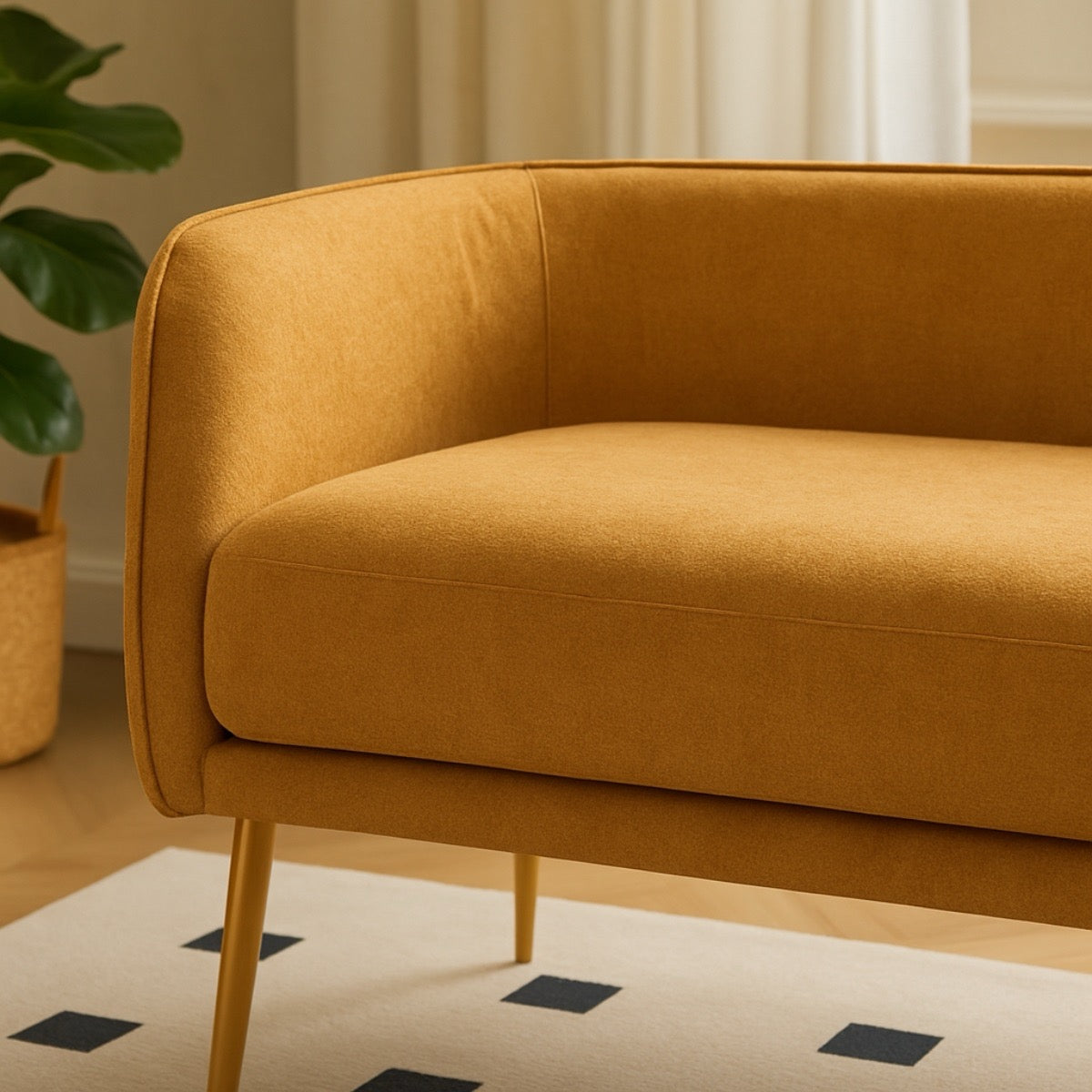 Yellow sofa in a living room setting with a plant and rug.