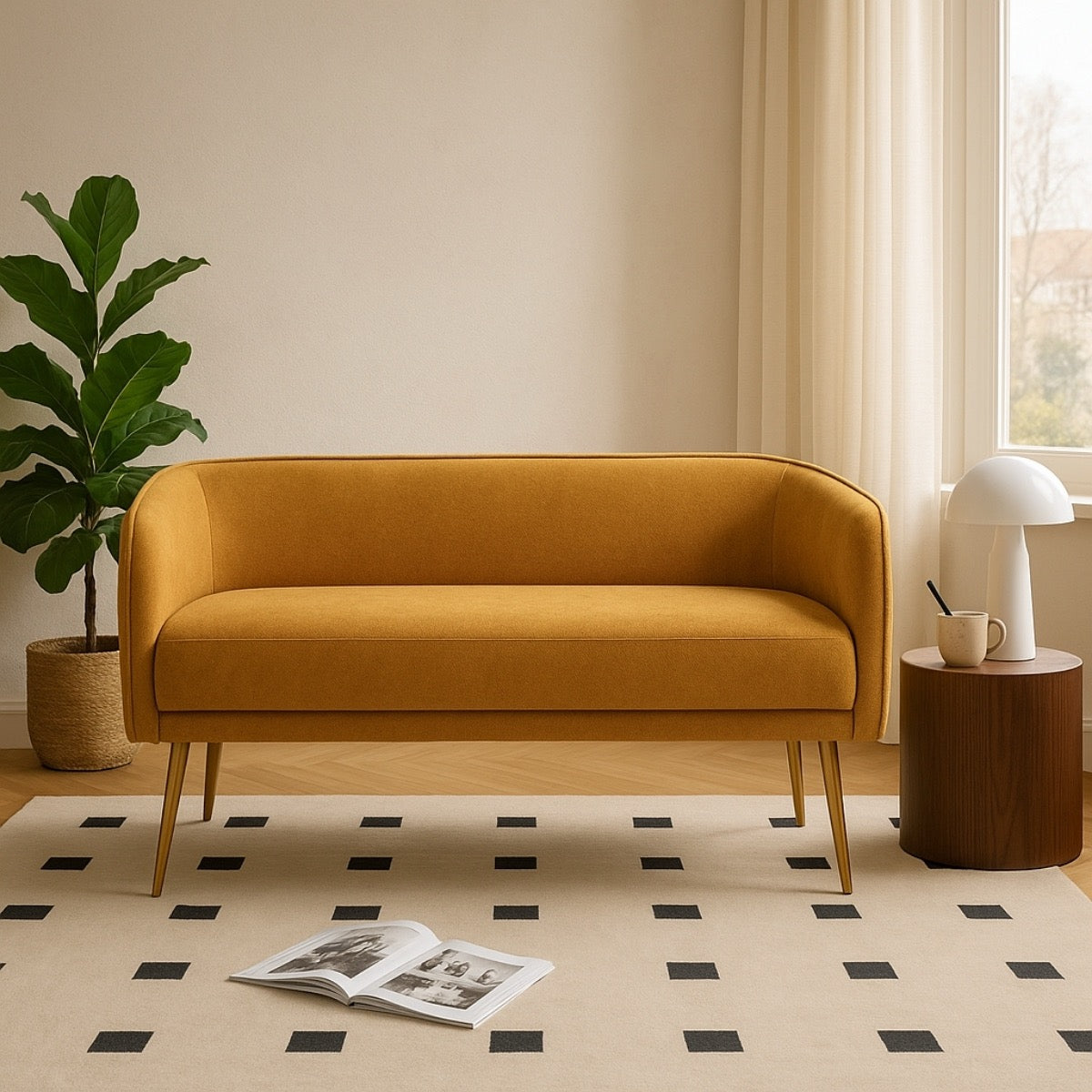 Yellow sofa in a living room with a plant, side table, and open magazine.