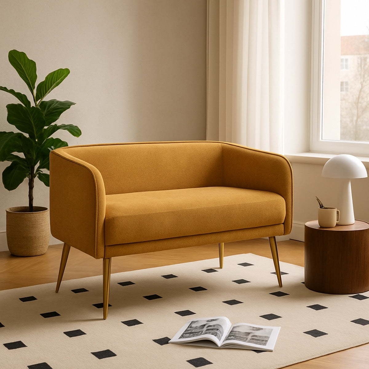 Yellow sofa in a living room with a plant, table, and open book on a patterned rug.
