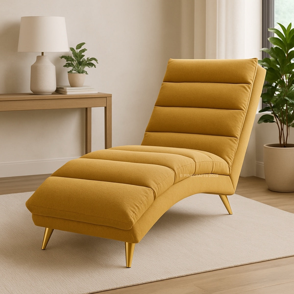 Yellow chaise lounge chair in a room with a side table and plants.