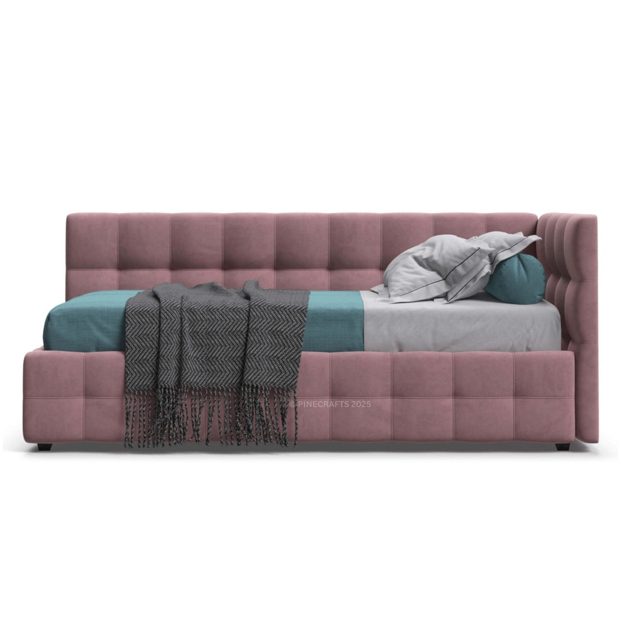 Pink upholstered bed with bedding and blankets on a white background