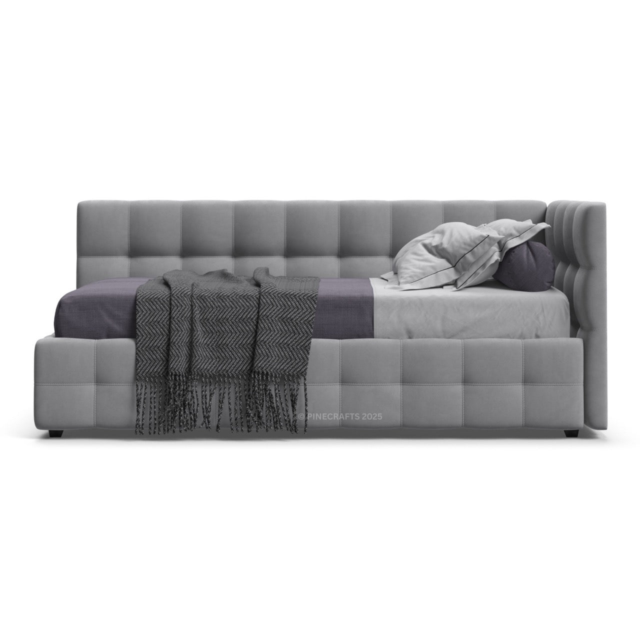 Gray upholstered bed with tufted design on a white background
