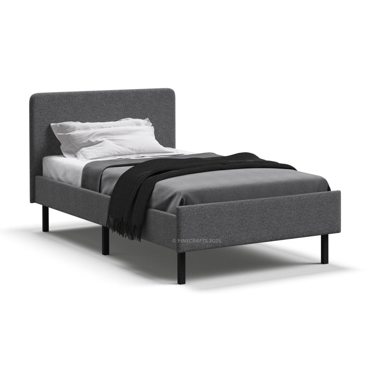 Gray upholstered bed with white bedding and a black throw blanket on a white background