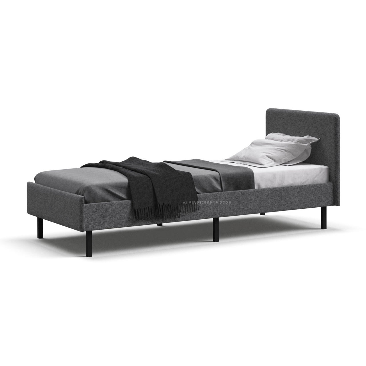 Gray bed with black blanket and white pillow on a white background