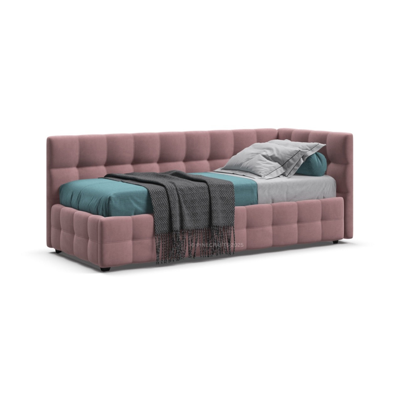 Pink upholstered bed with colorful bedding on a white background