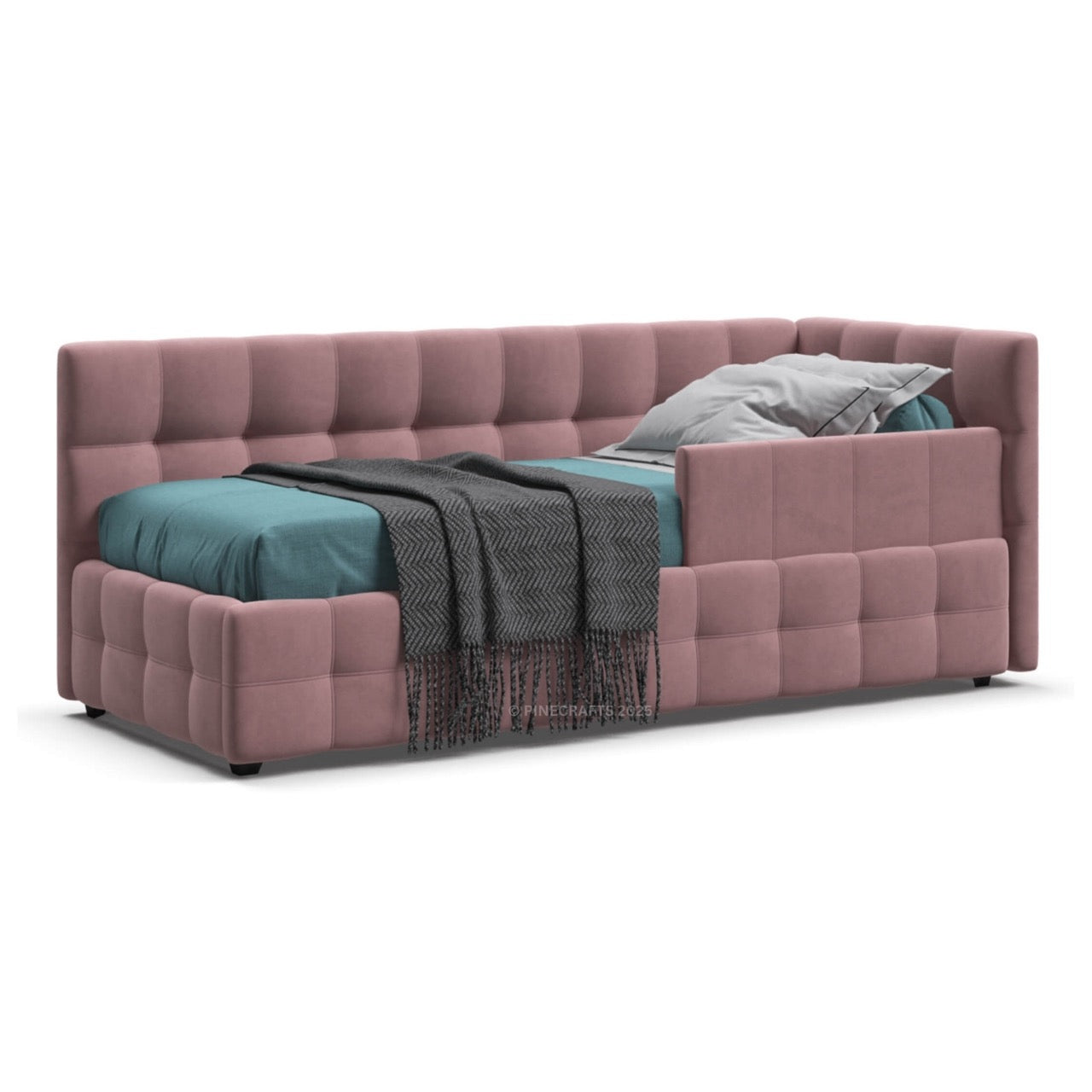 Pink upholstered bed with blankets on a white background