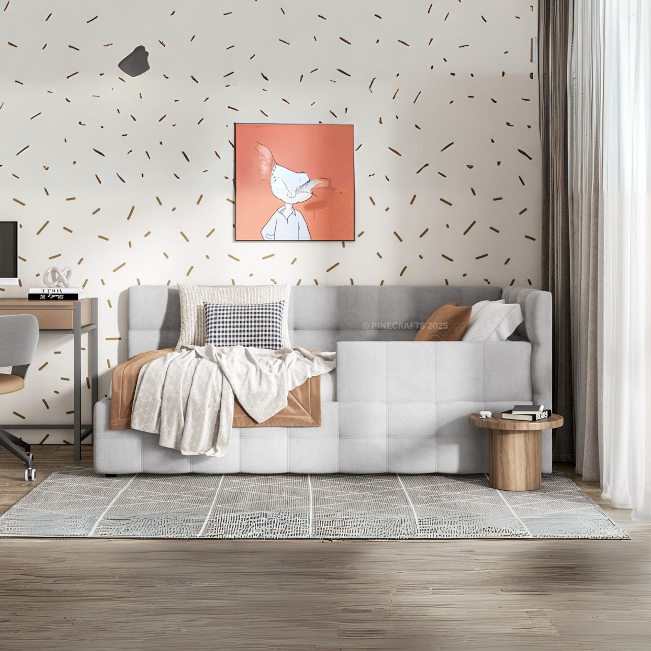 Modern living room with a white sofa, patterned wall, and artwork.