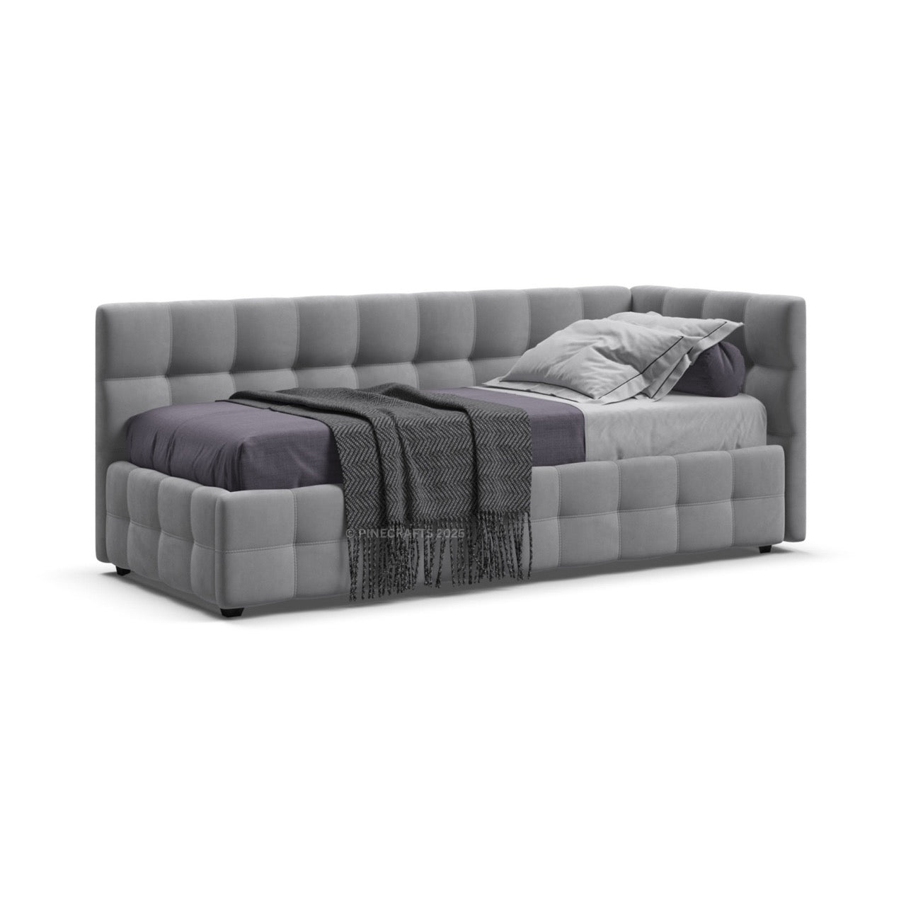 Gray upholstered bed with quilted design on a white background