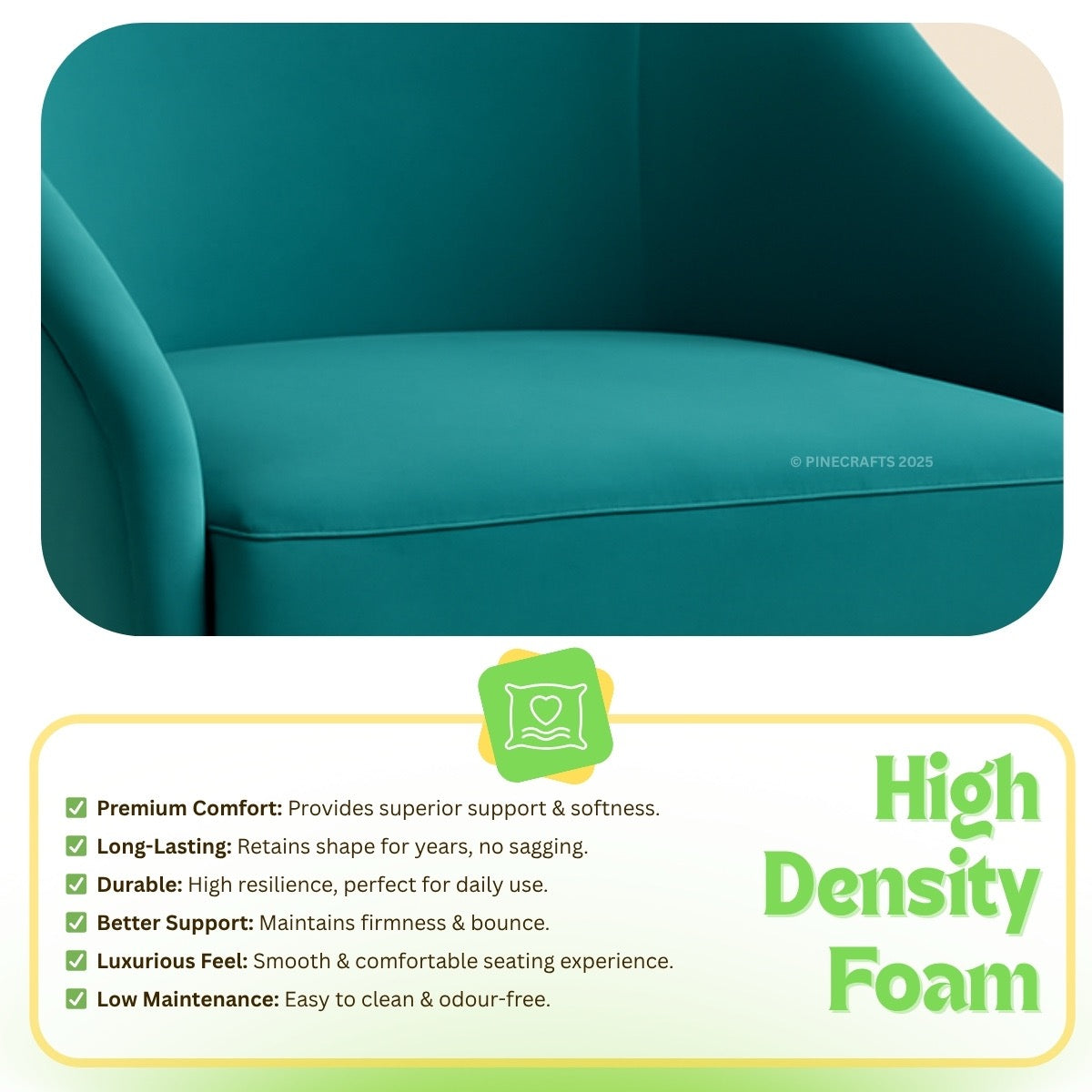 Teal sofa with high density foam features and benefits displayed below.