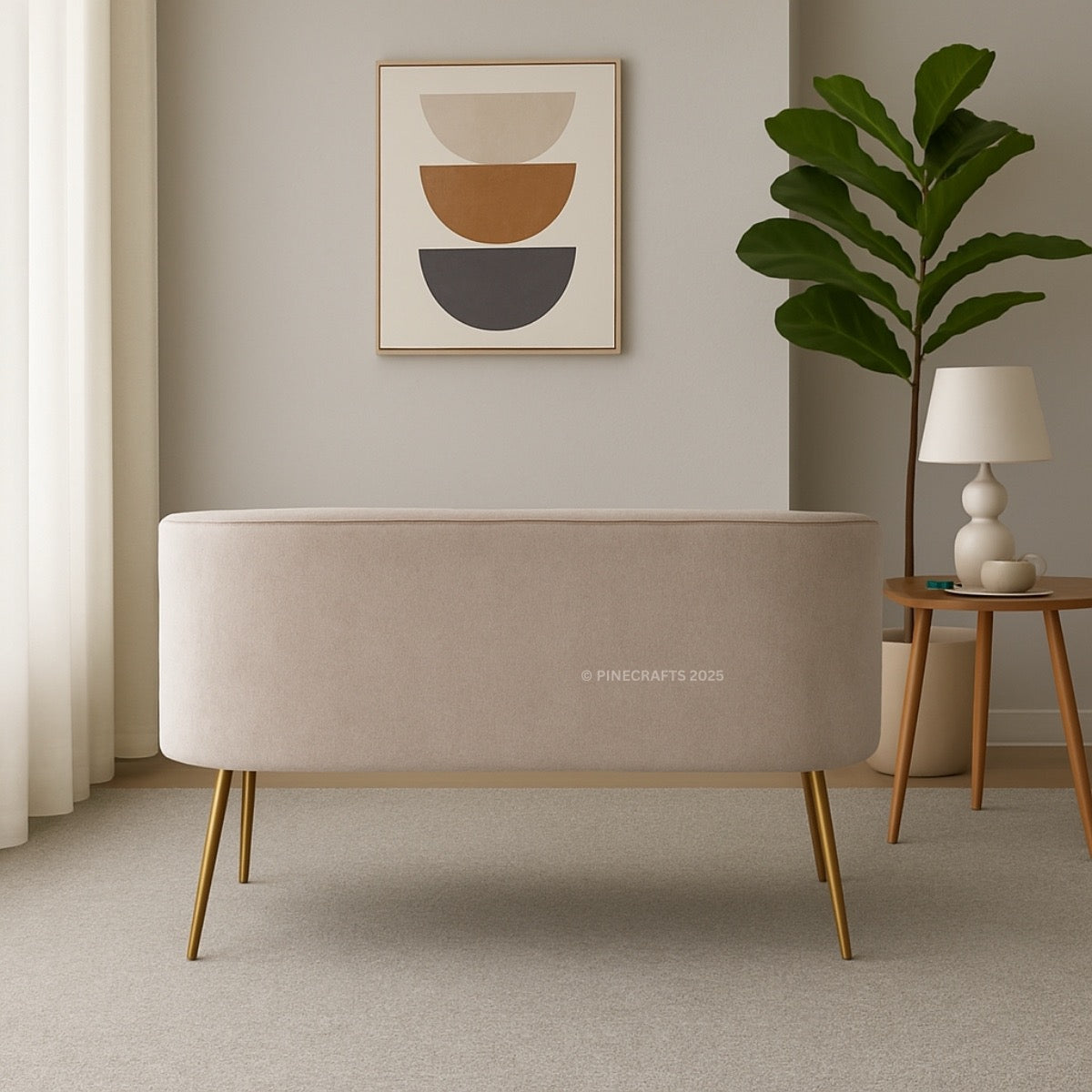 Beige side table with gold legs in a modern living room setting.