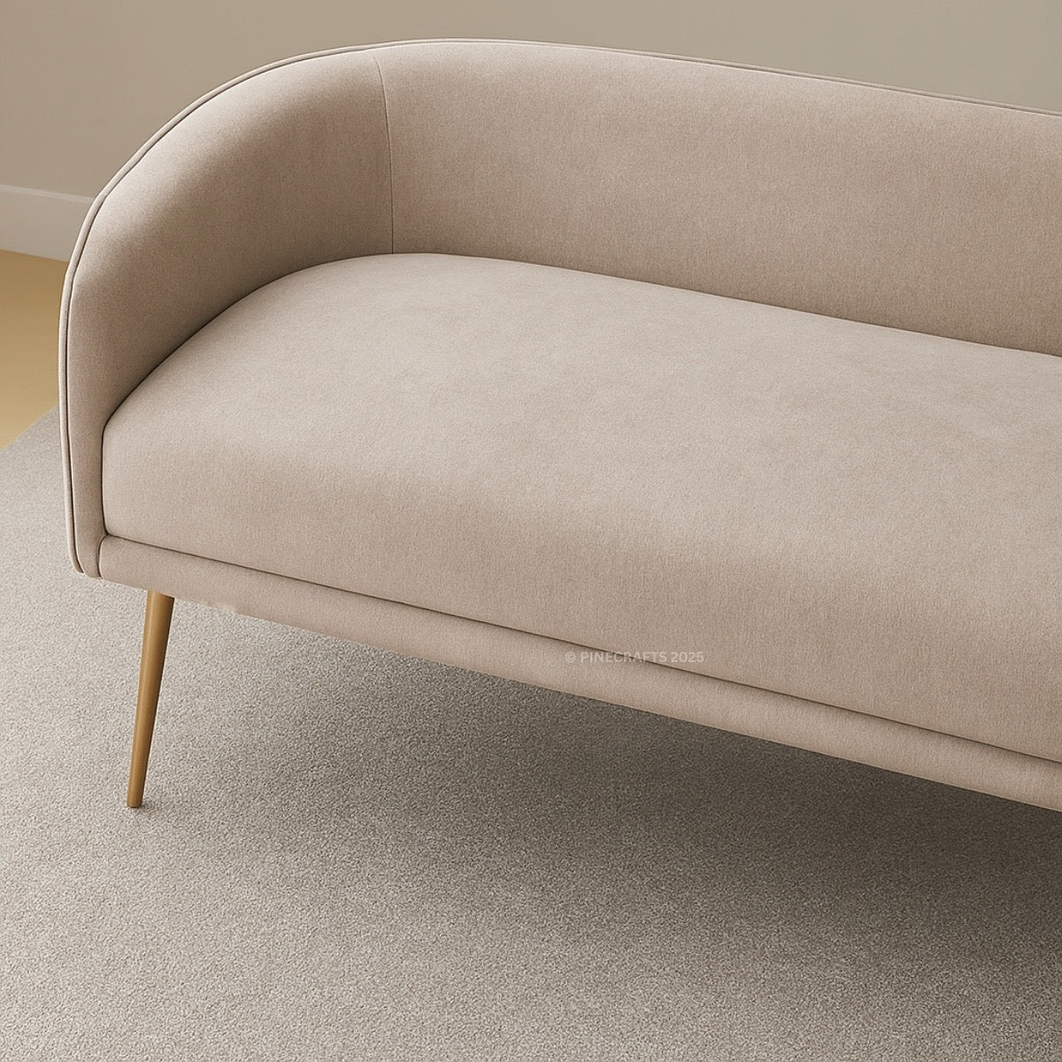 Beige sofa with wooden legs on a neutral background