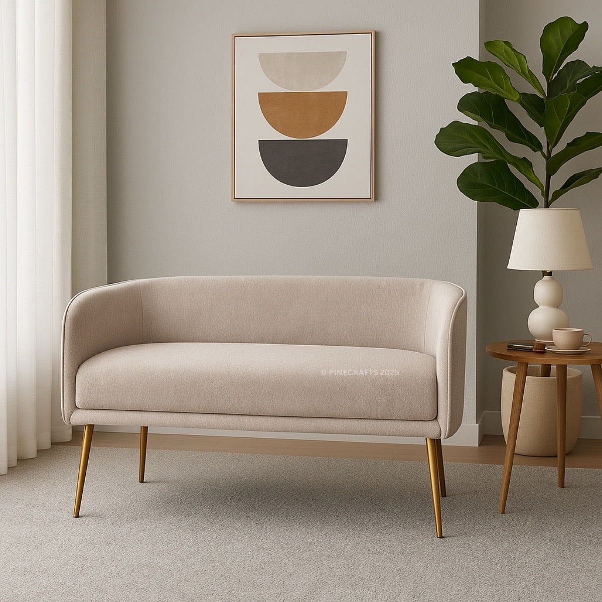 Beige sofa in a modern living room with a lamp, plant, and abstract art on the wall.