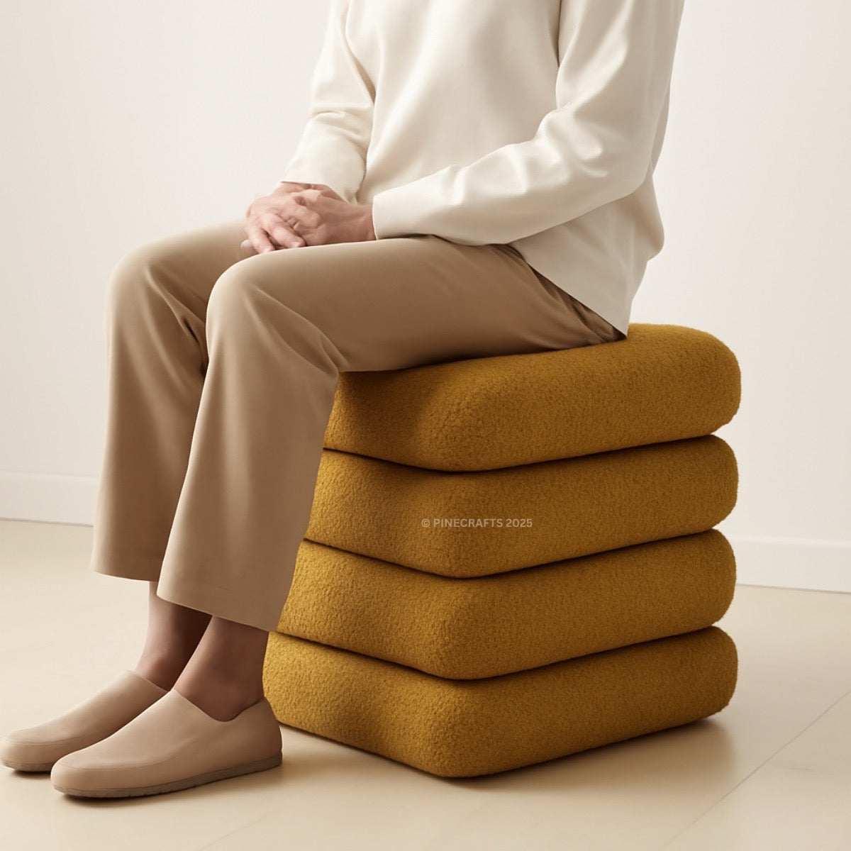 Person sitting on a stack of mustard yellow cushions against a plain background