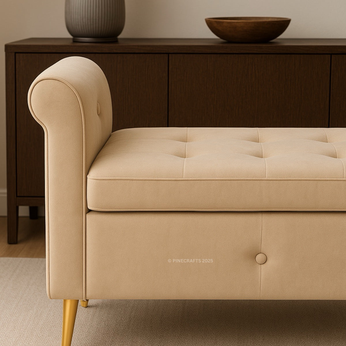 Beige tufted bench with gold legs in a room setting