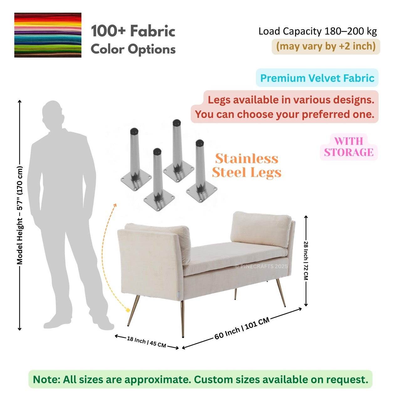 Beige bench with dimensions, fabric color options, and stainless steel legs on a white background.