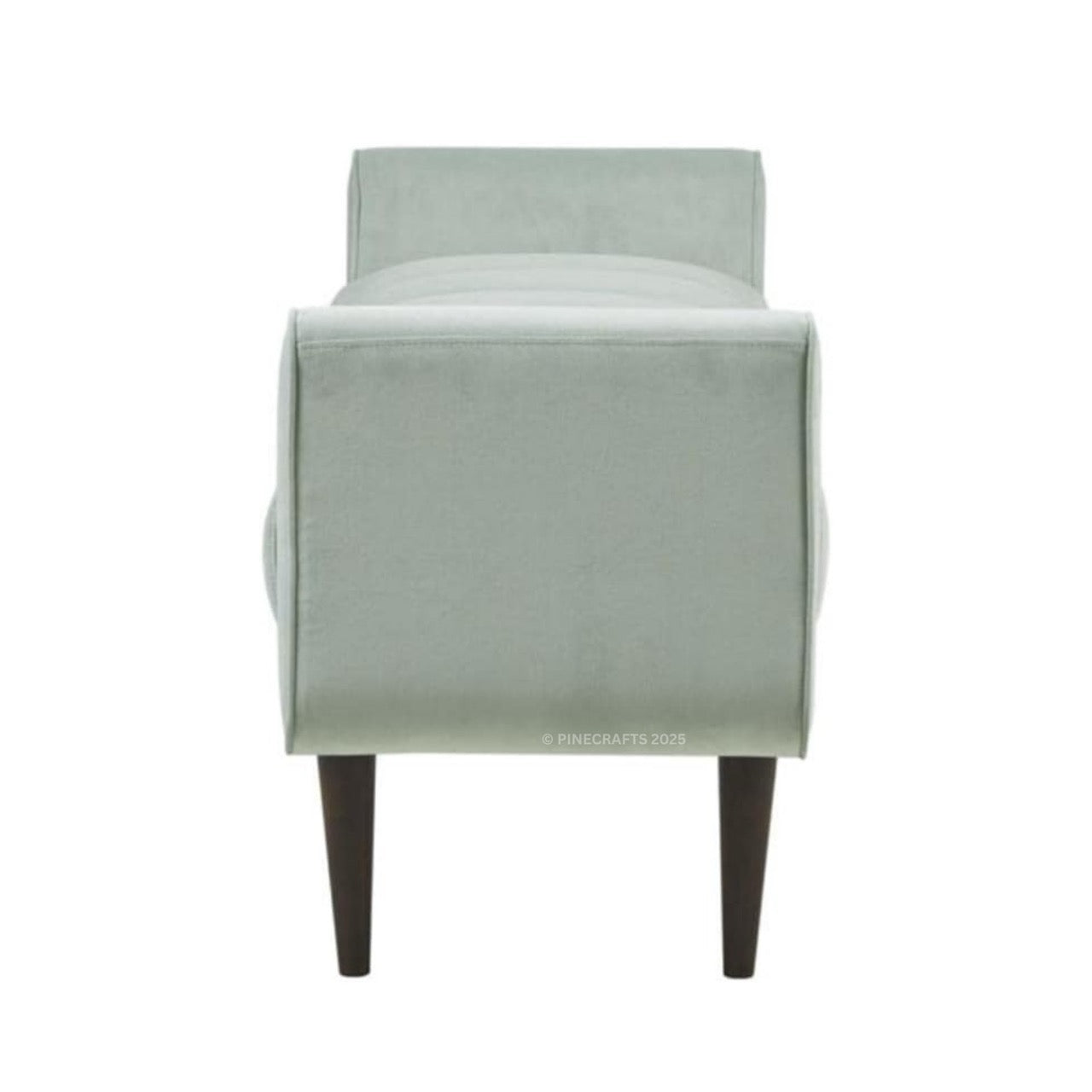 Light gray upholstered chair with dark wooden legs on a white background