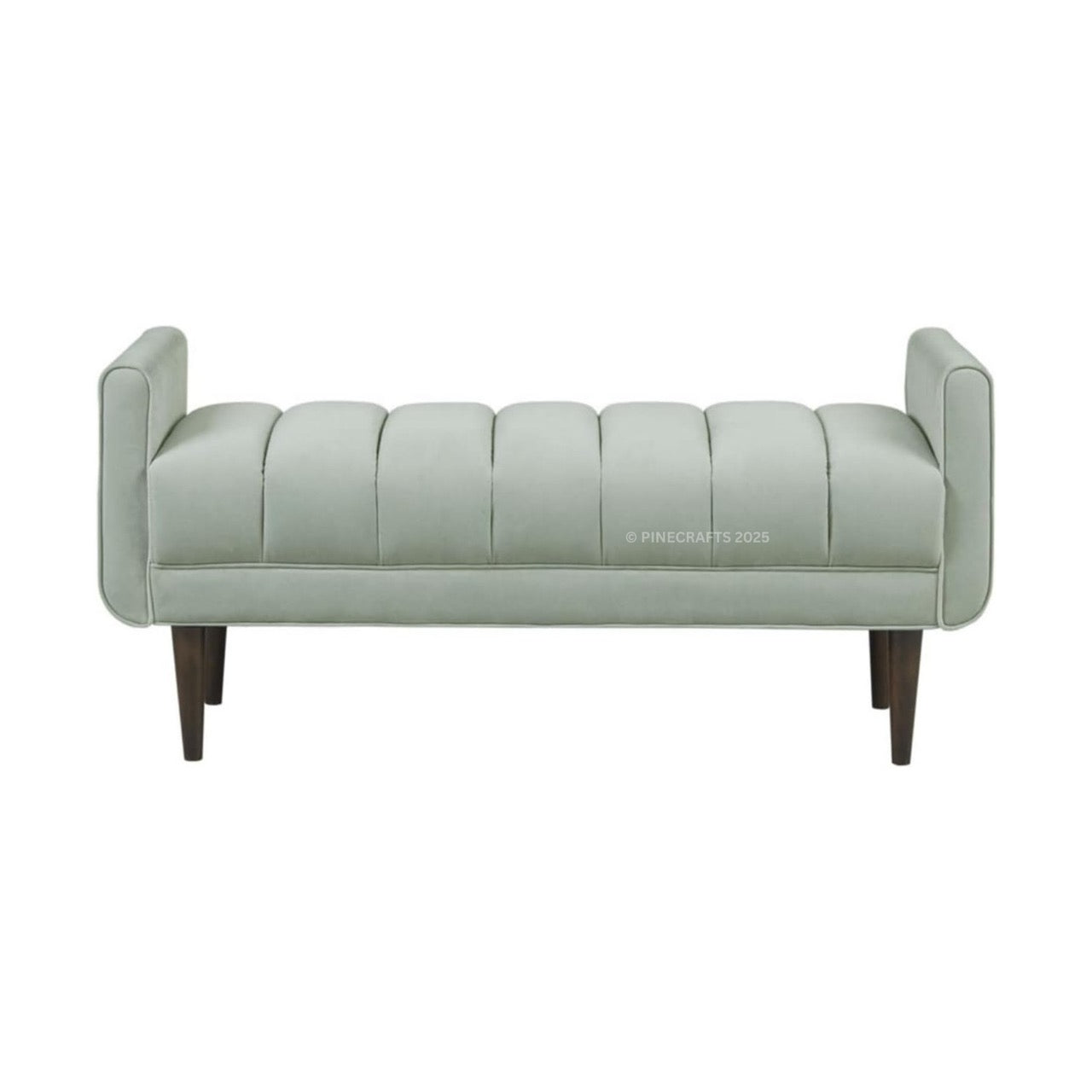 Light gray tufted bench with wooden legs on a white background