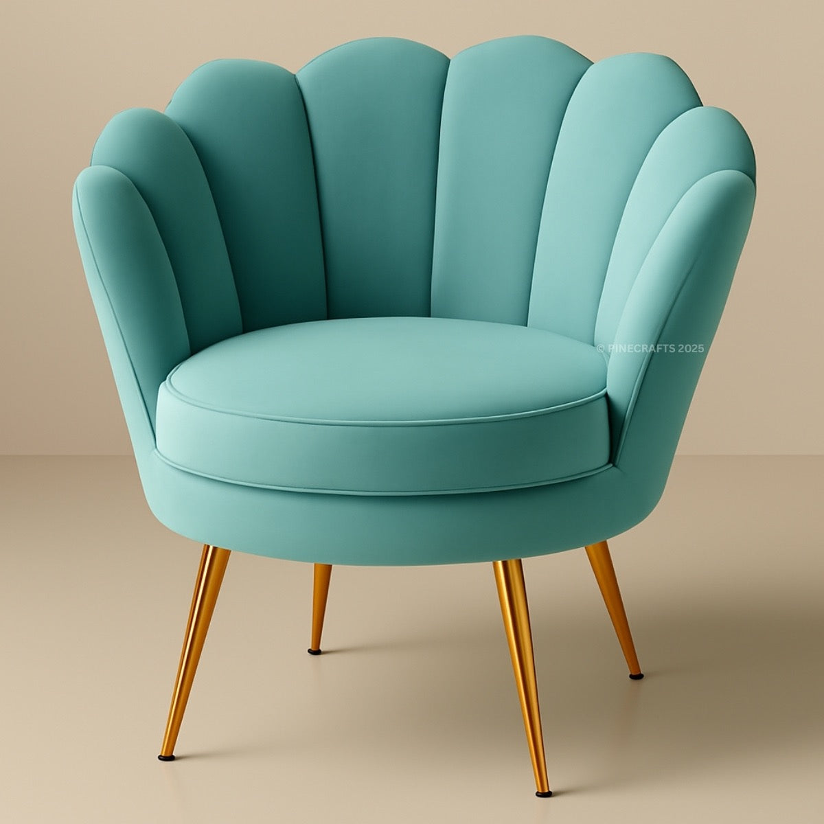 Teal armchair with gold legs on a beige background
