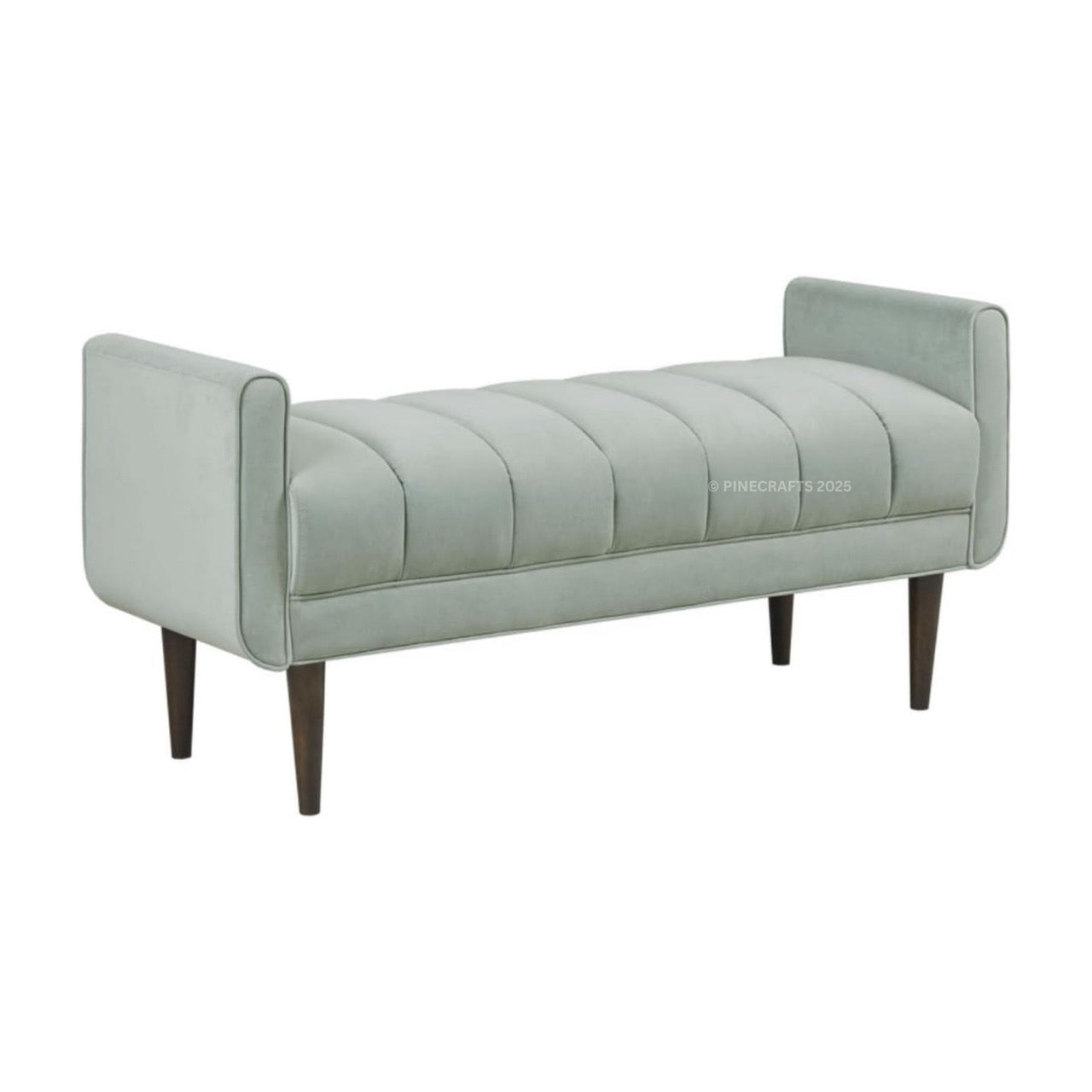 Light gray upholstered bench with dark wooden legs on a white background