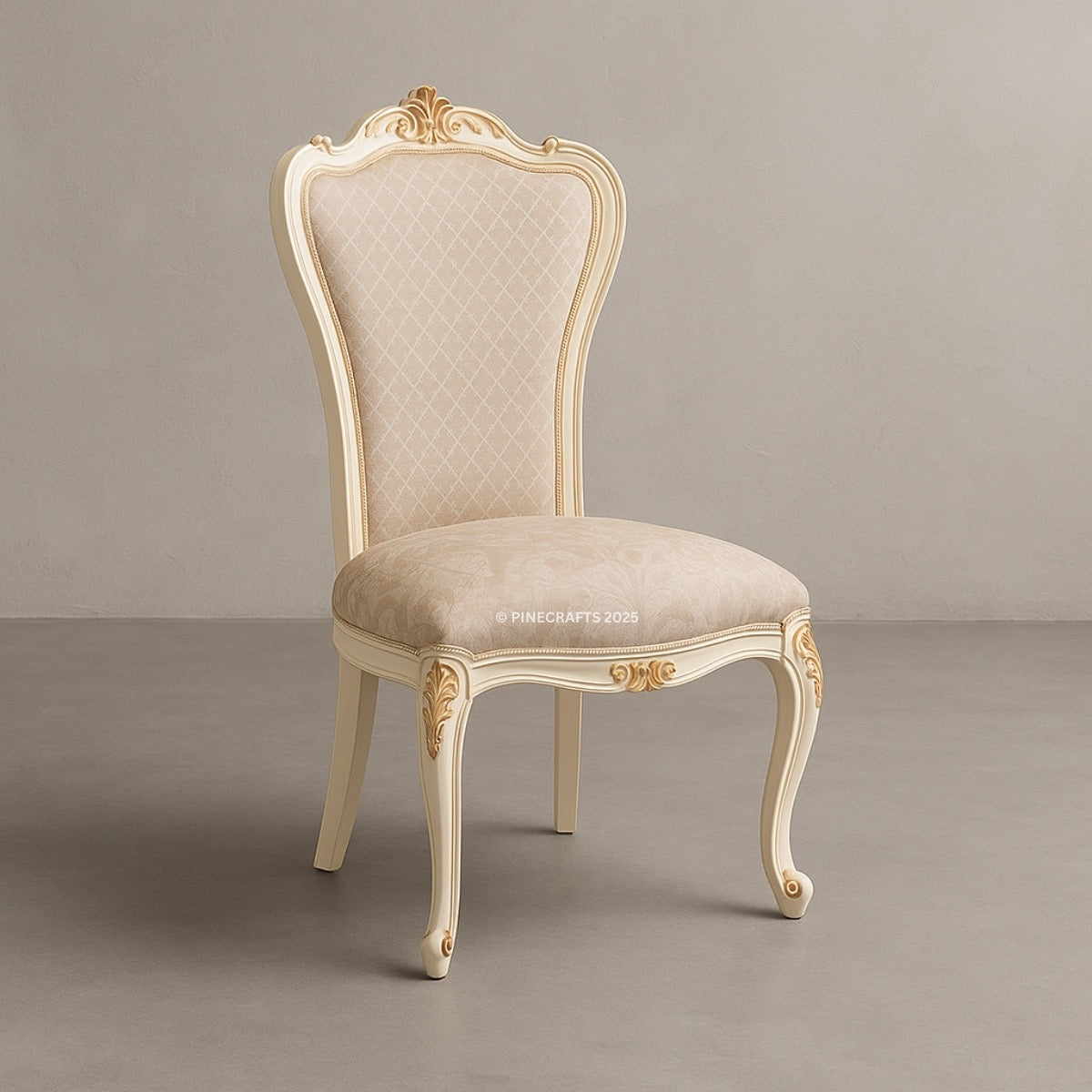 Decorative chair with beige cushion and gold accents on a gray background