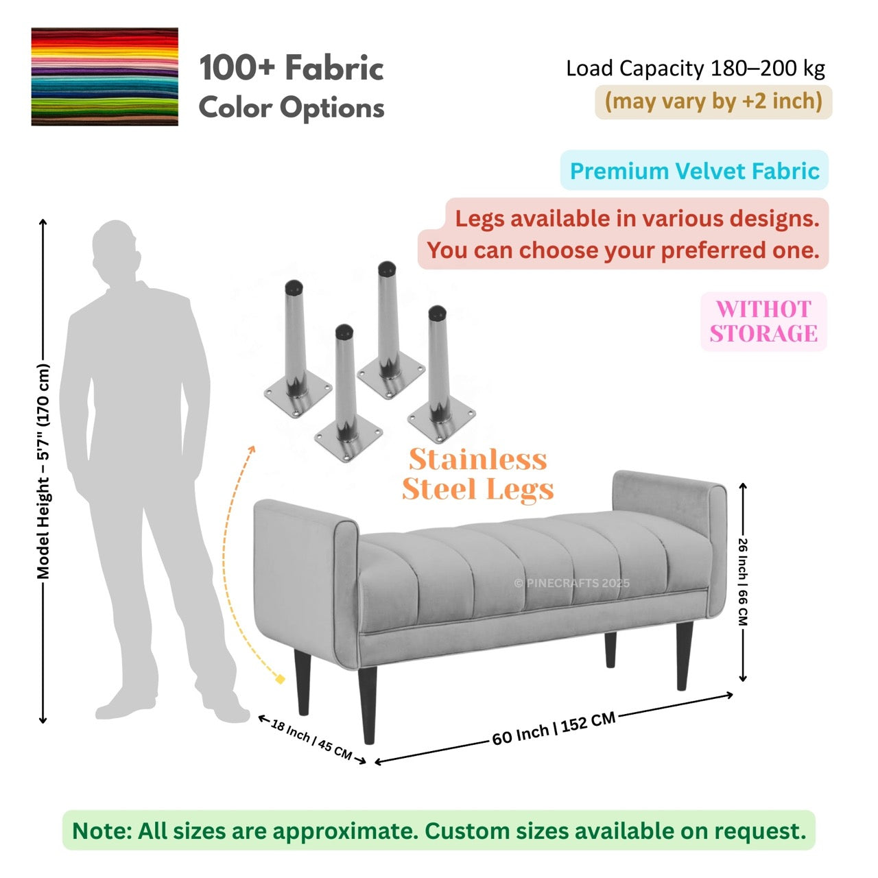 Gray bench with dimensions, fabric color options, and stainless steel legs on a white background.