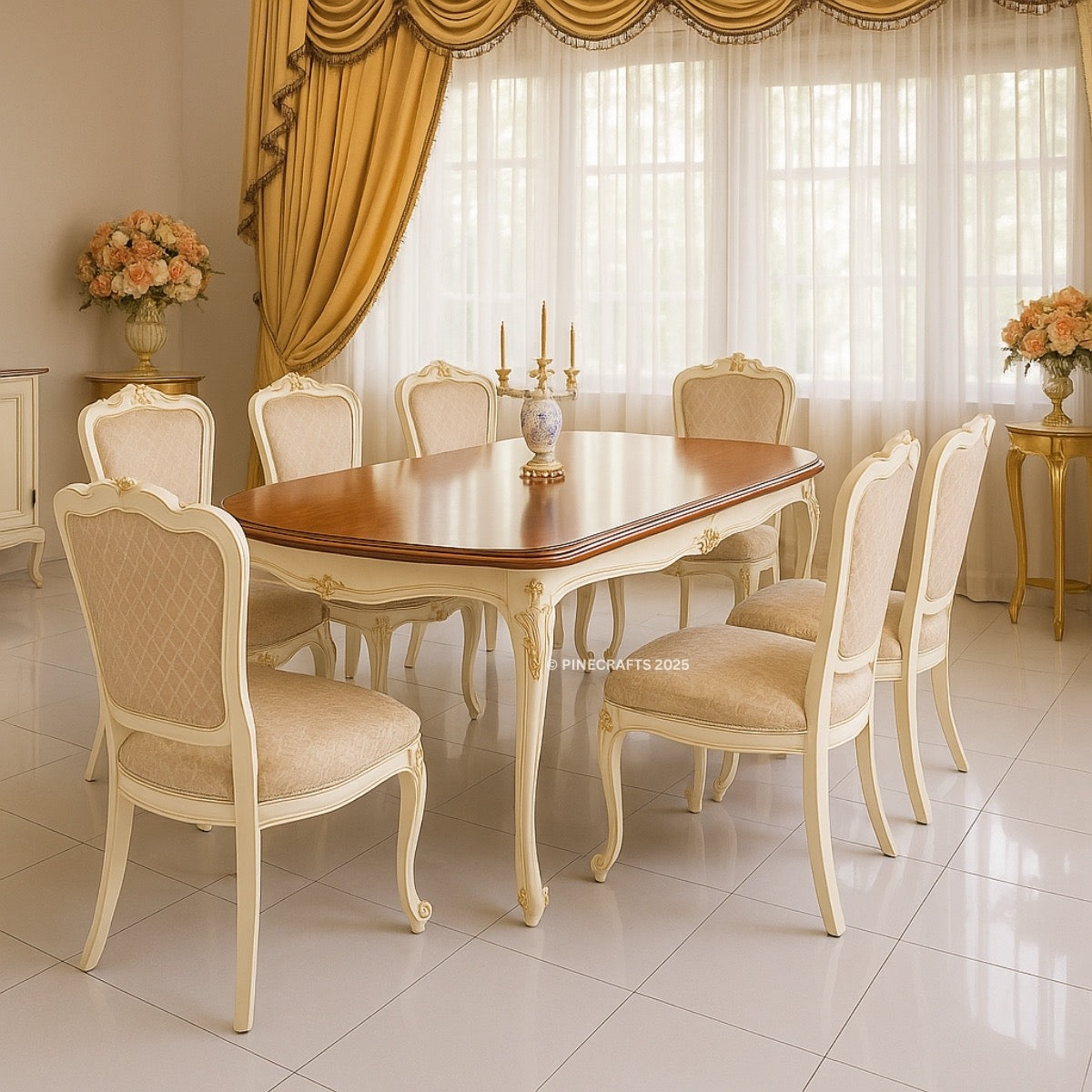 Dining room with a wooden table and beige chairs, decorated with flowers and candles.
