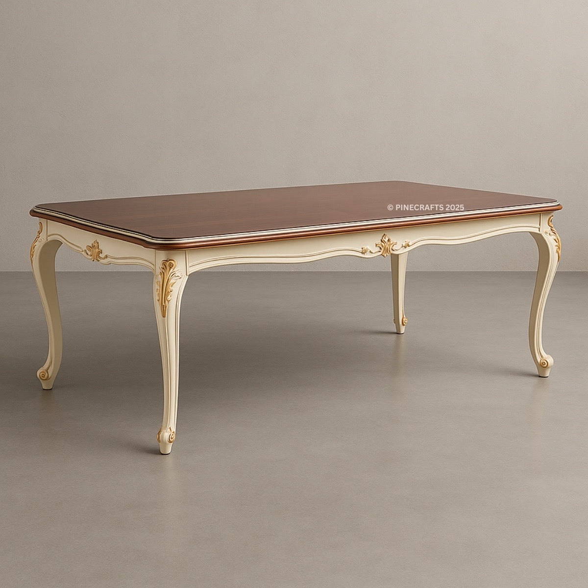 Decorative table with a brown top and white base on a gray background