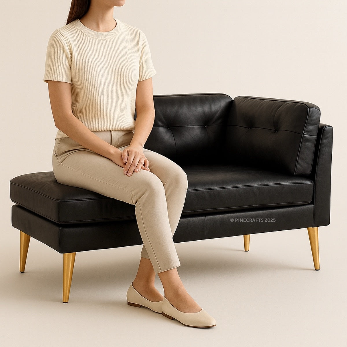 Person sitting on a black leather sofa with gold legs against a beige background