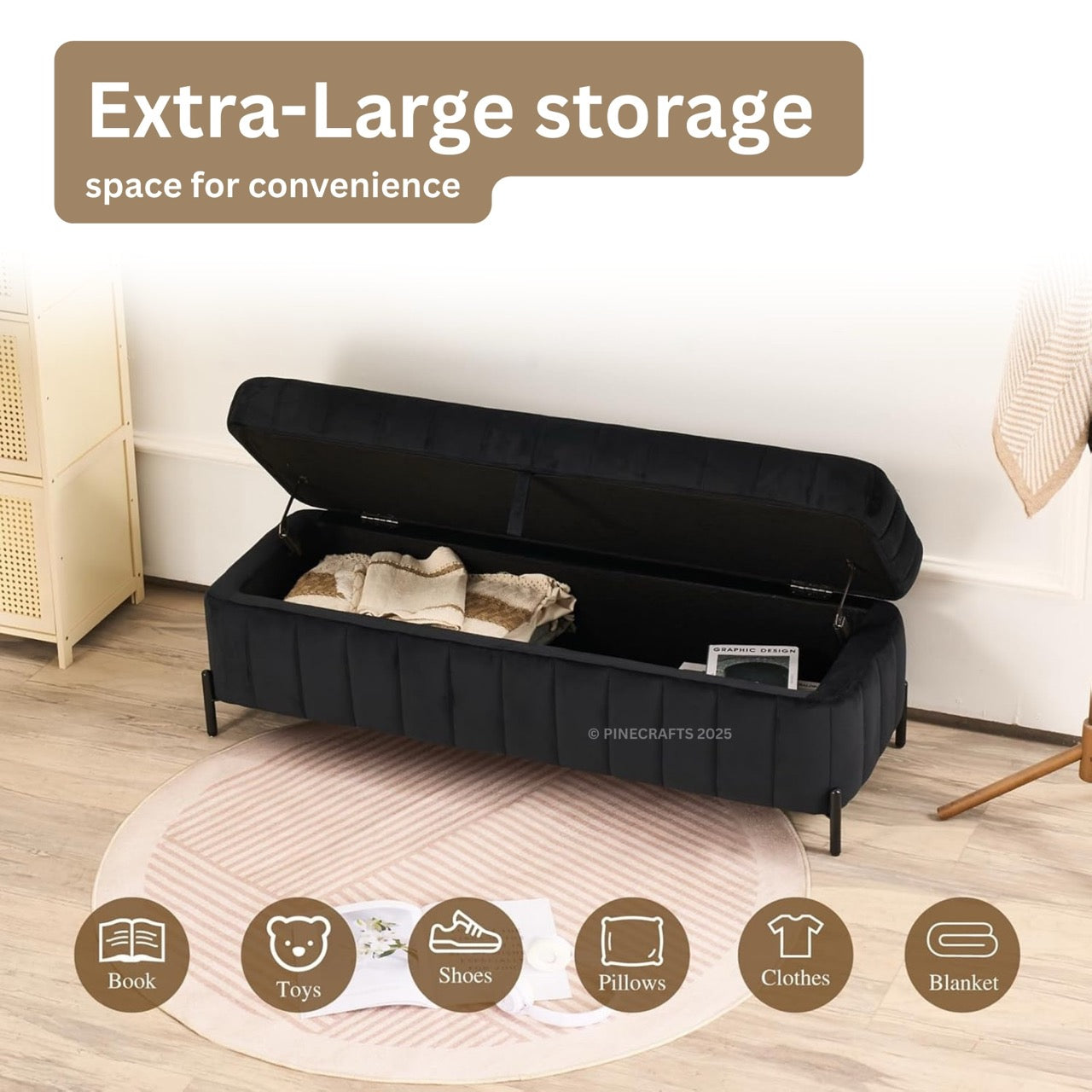 Black storage bench with open lid showing items, labeled 'Extra-Large storage space for convenience'.