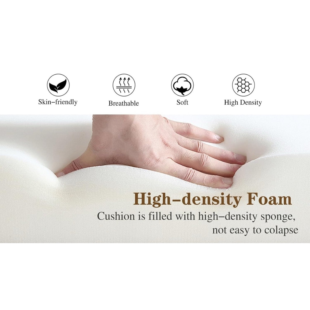 Hand touching a high-density foam cushion with product features listed above.