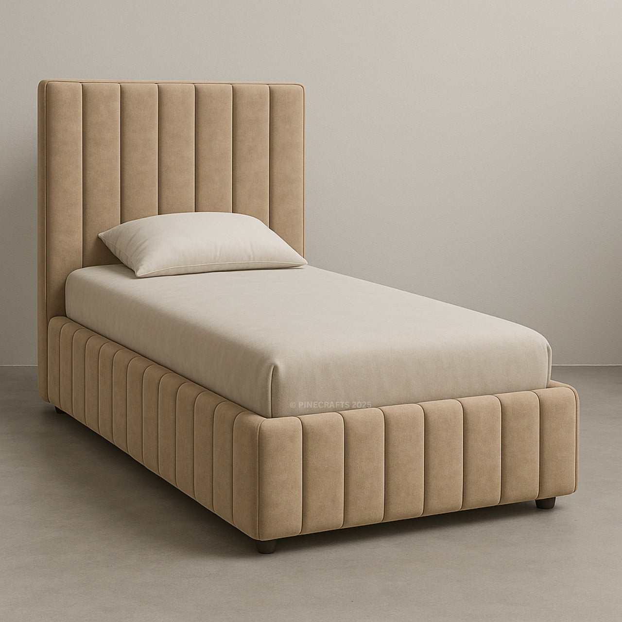 Beige upholstered bed with tufted headboard against a plain wall