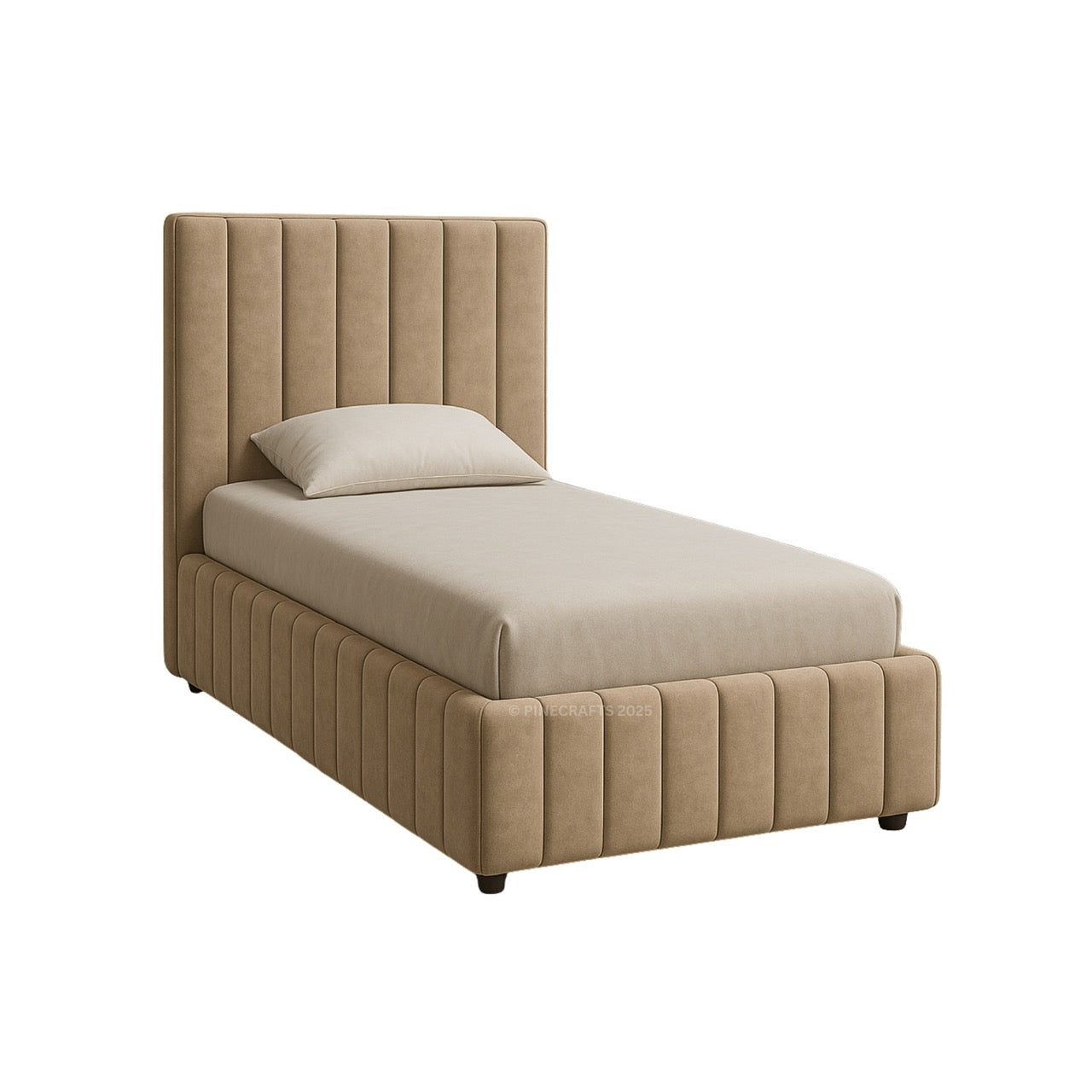 Beige upholstered bed with a pillow on a white background