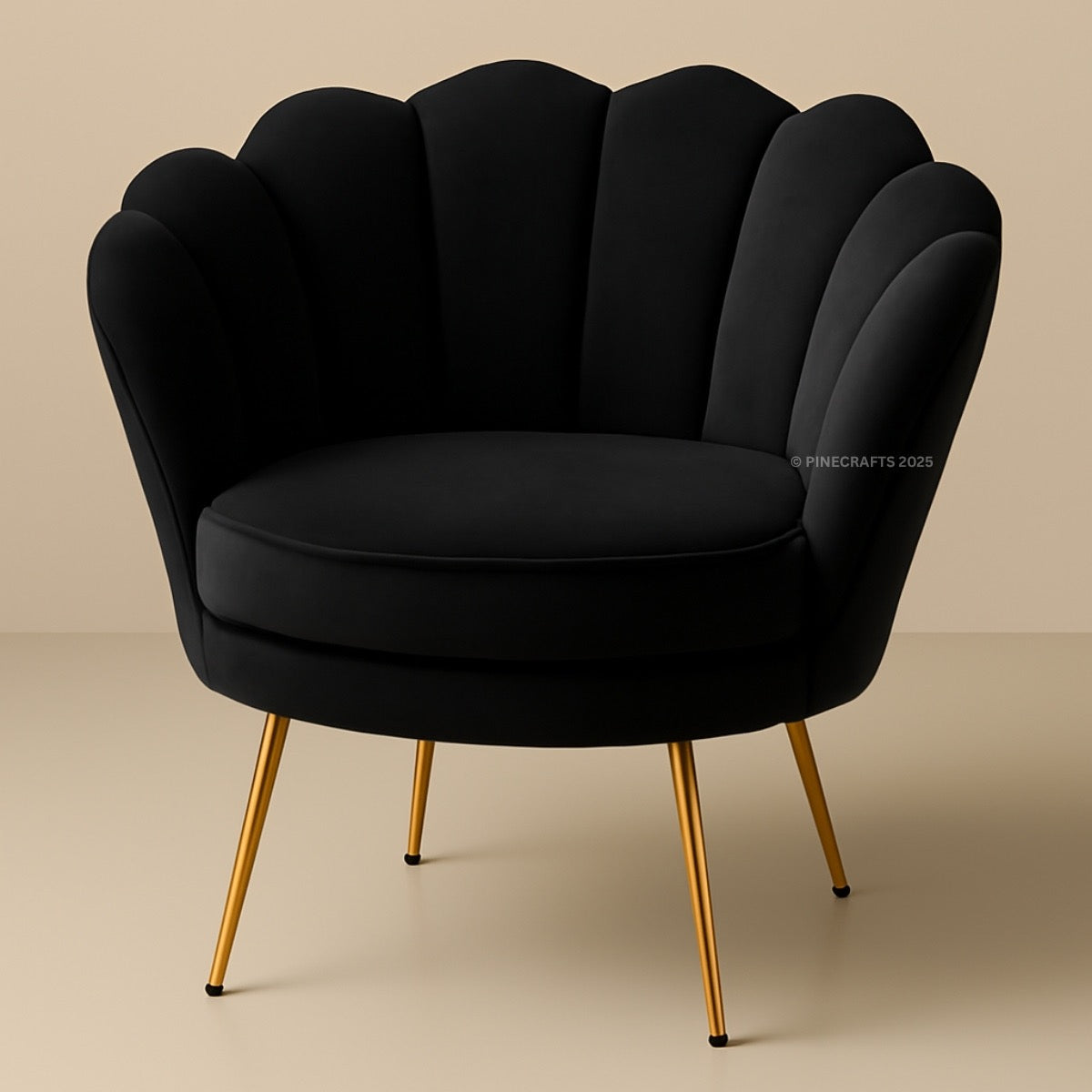 Black armchair with gold legs on a beige background