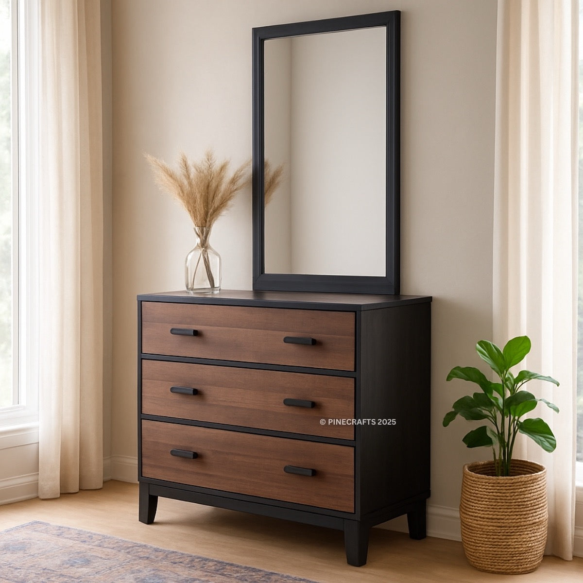 Wooden dresser with mirror and plant in a room with curtains and rug.