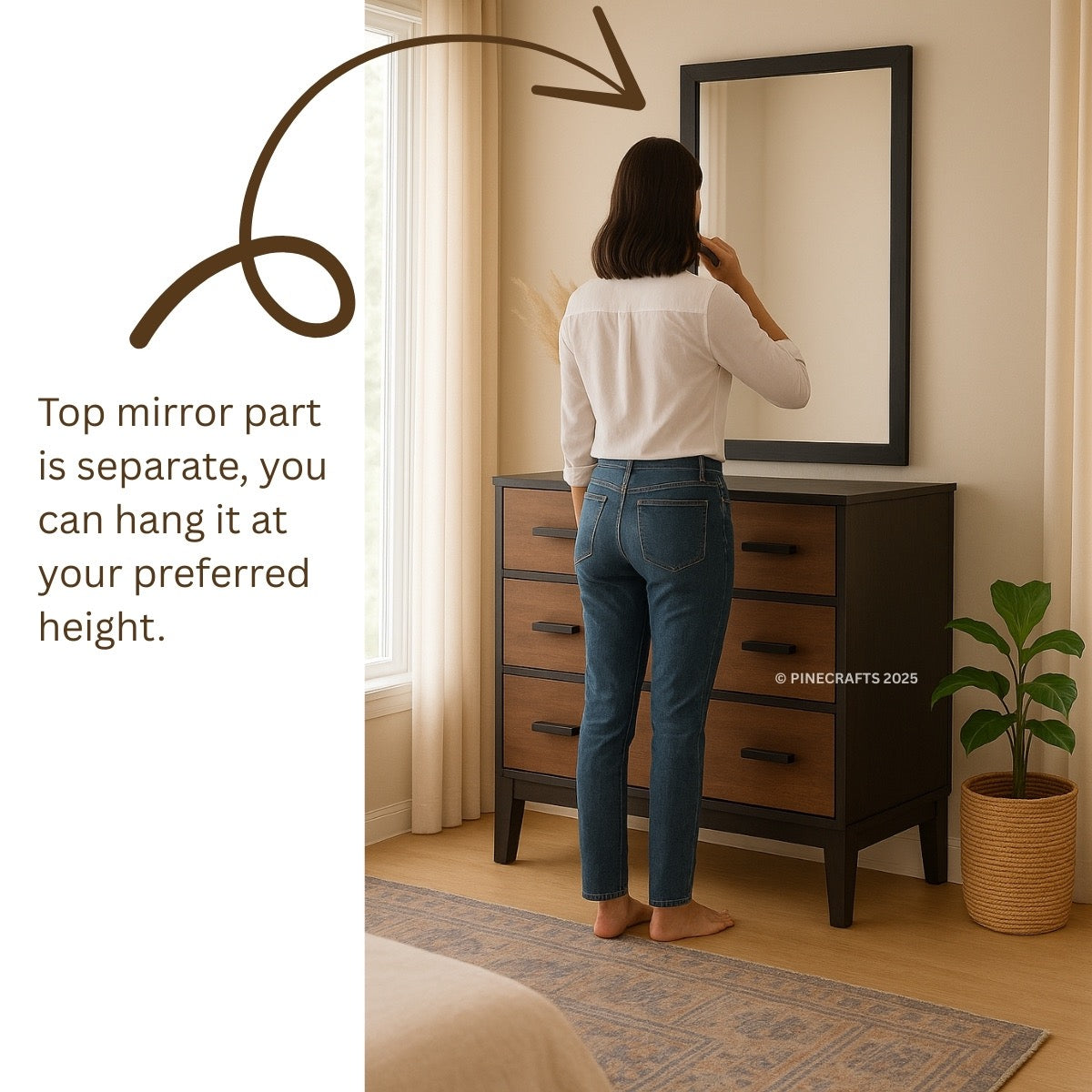 Person adjusting a mirror on a dresser with text indicating it can be hung at preferred height.