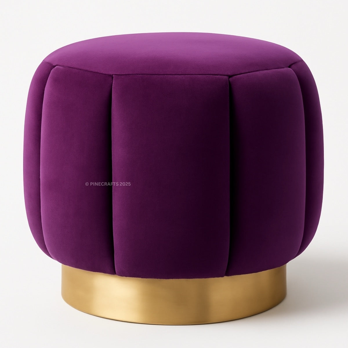 Purple ottoman with a gold base on a white background
