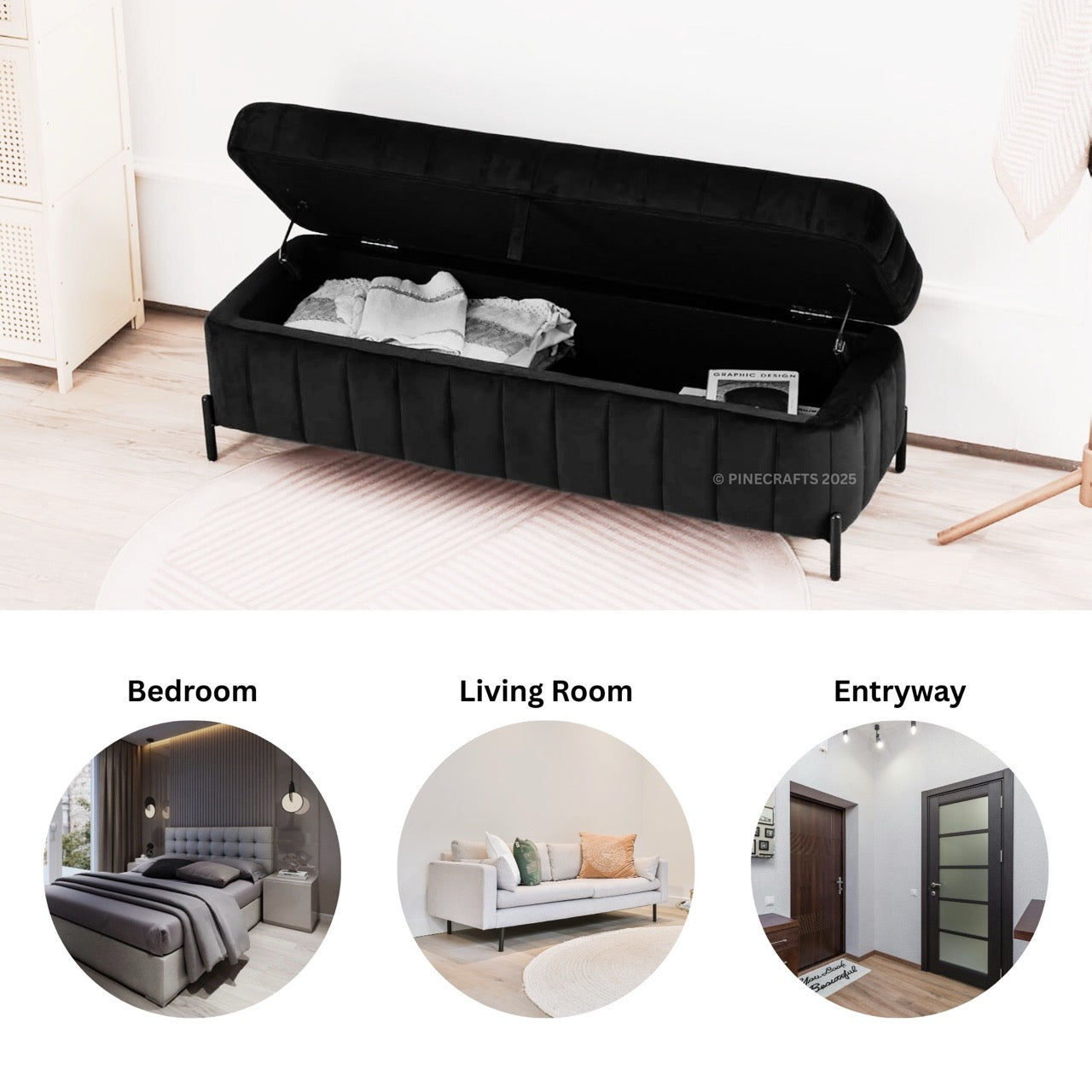 Black storage bench with open lid showing items, placed in a room setting.