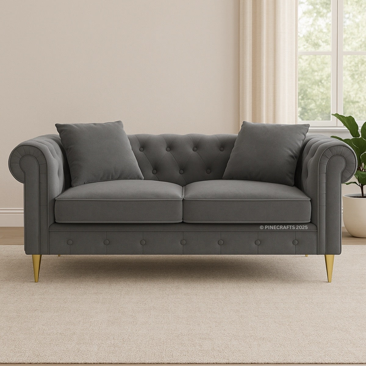Gray sofa with tufted backrest in a room with a window and plant
