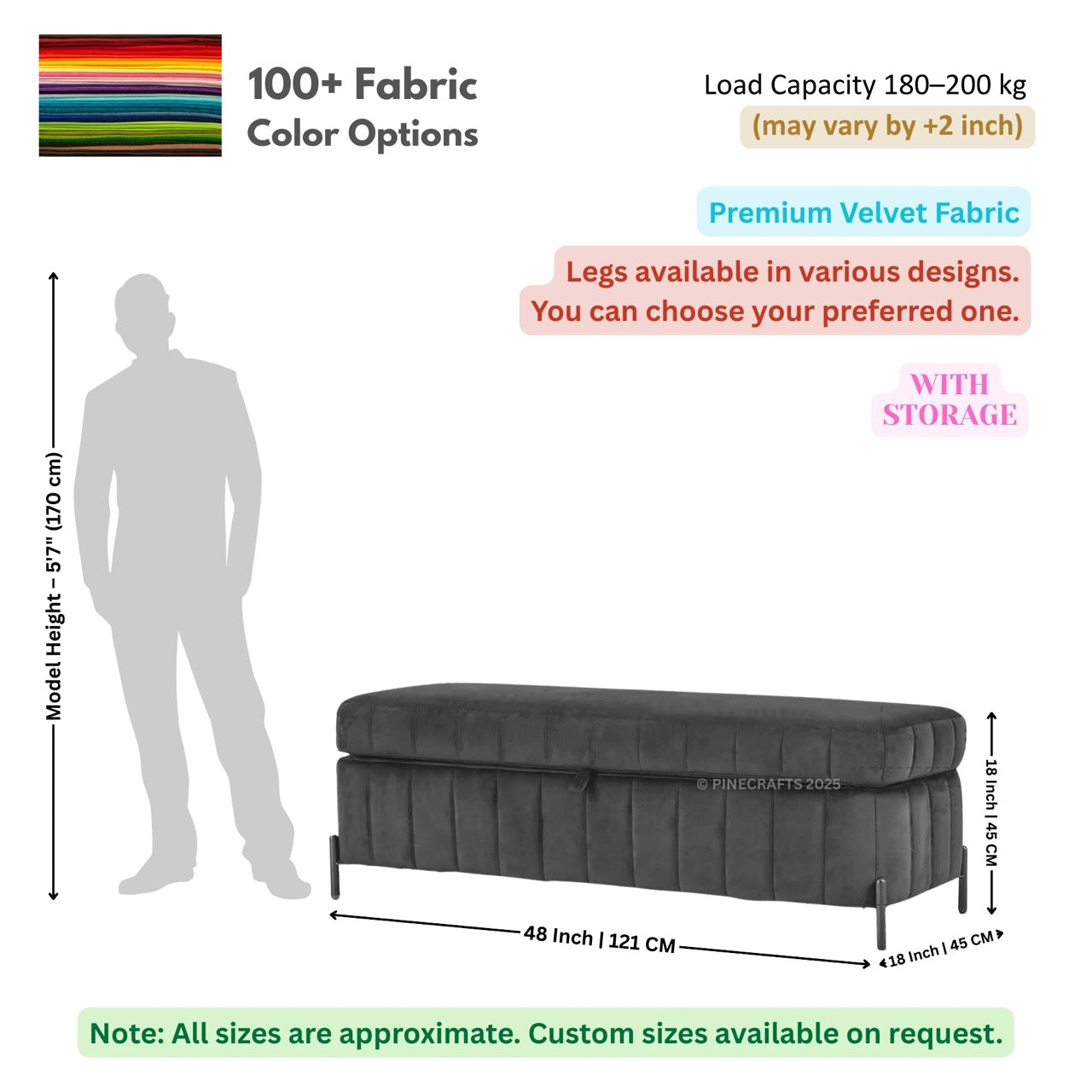 Bed with storage dimensions and fabric color options displayed on a white background
