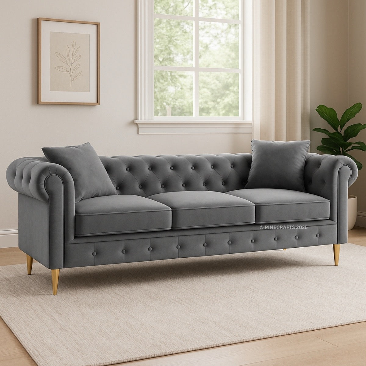 Gray tufted sofa in a room with a window and plant