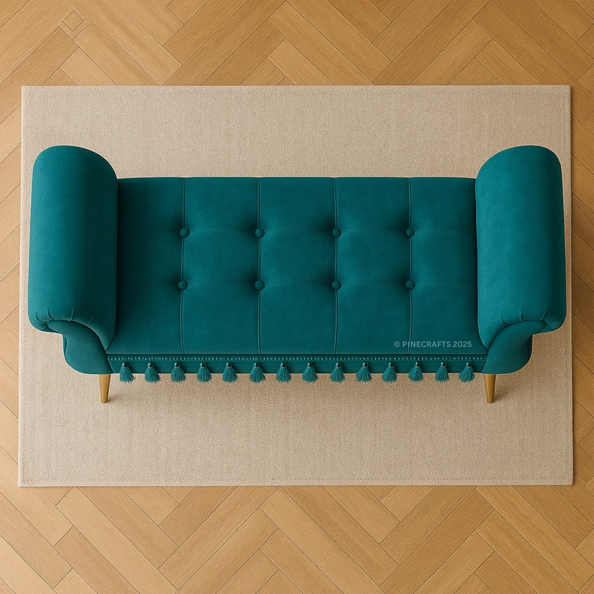 Teal tufted bench with pom-pom trim on a beige rug