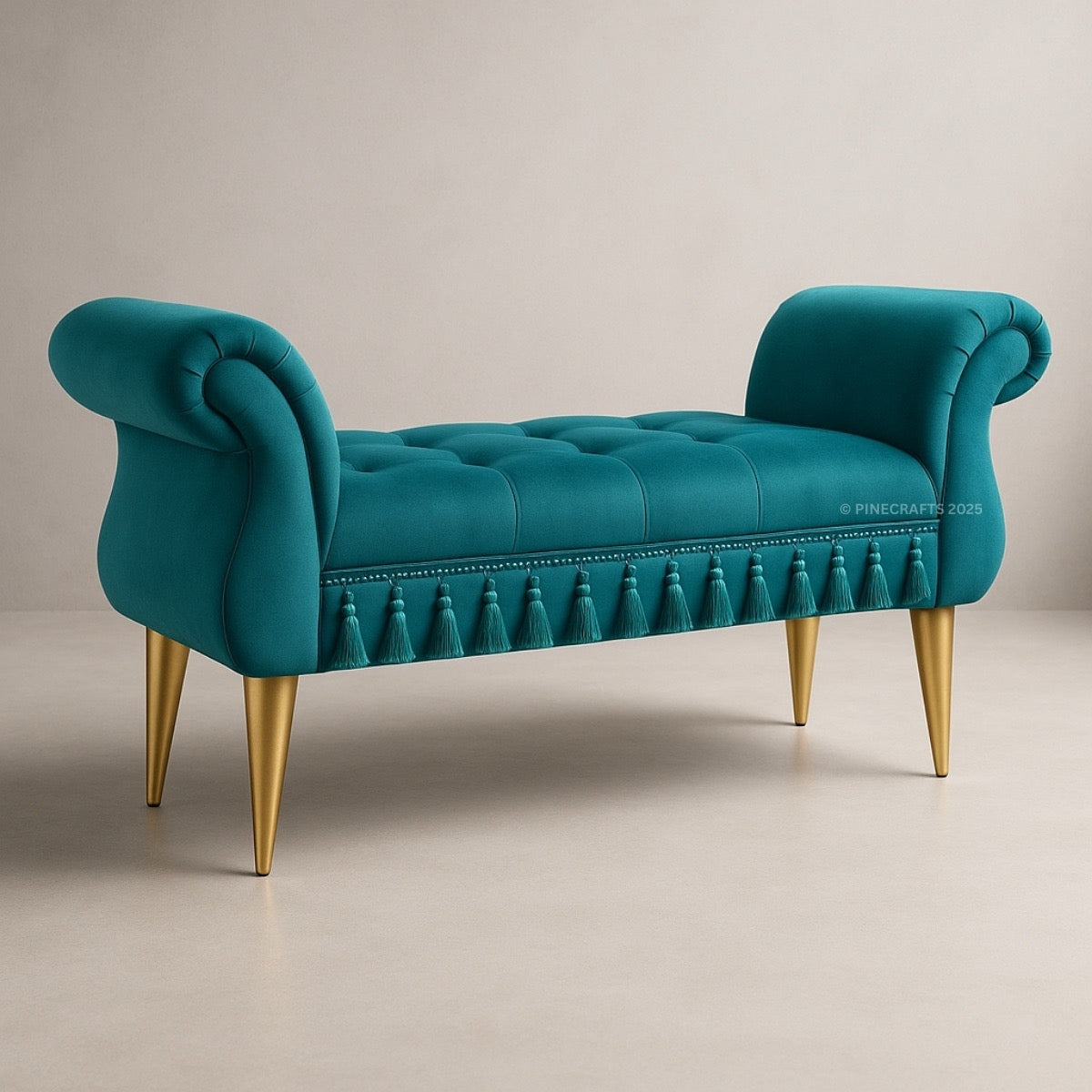 Teal bench with gold legs on a beige background